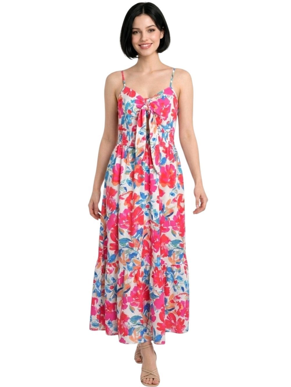 Grace Karin Pink & Red Floral Tie-Front Spaghetti Straps Maxi Dress Size M